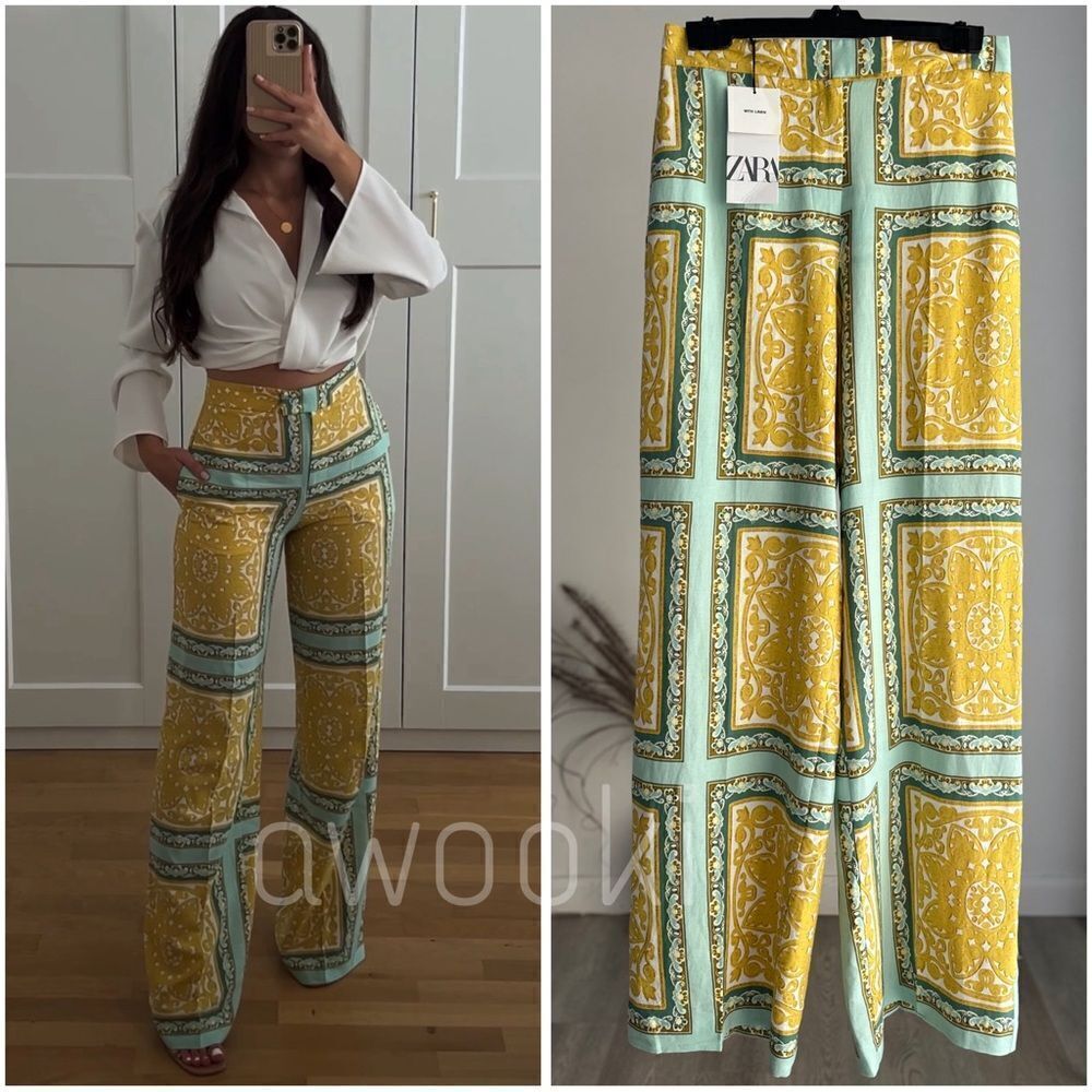 ZARA LINEN BLEND PRINTED PANTS